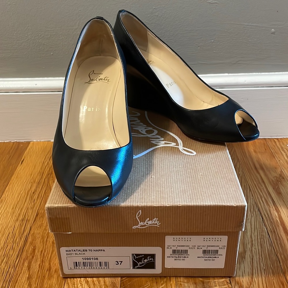 Black leather Louboutin Peep toe Wedges